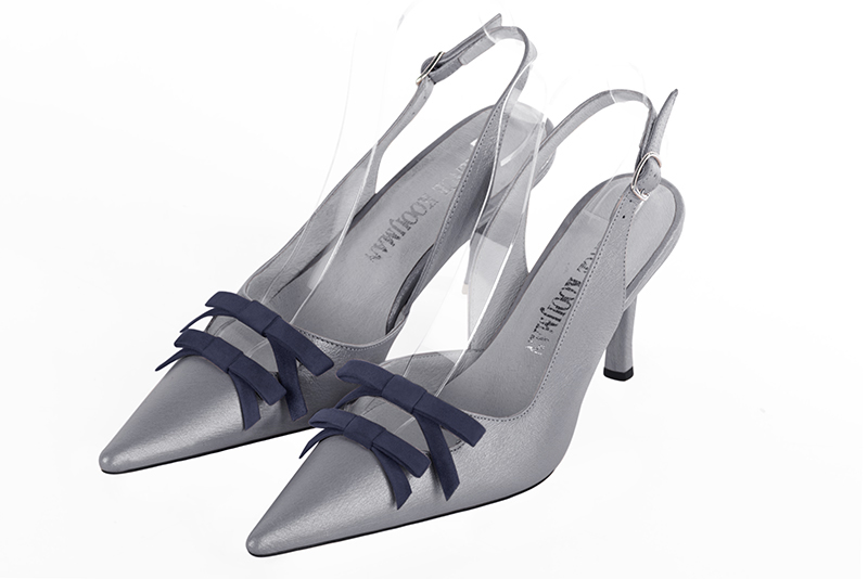 Mouse grey and navy blue women's open back shoes, with a knot. Pointed toe. High slim heel. Front view - Florence KOOIJMAN